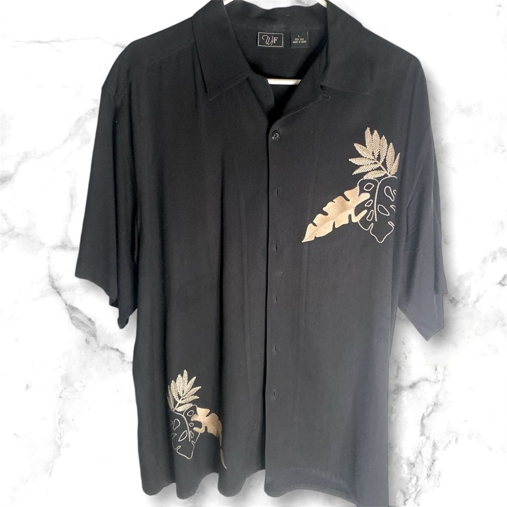 WFF 100% Silk Black Button Down Men's Short Sleeve Shirt Sz.Large-XL Embroidered